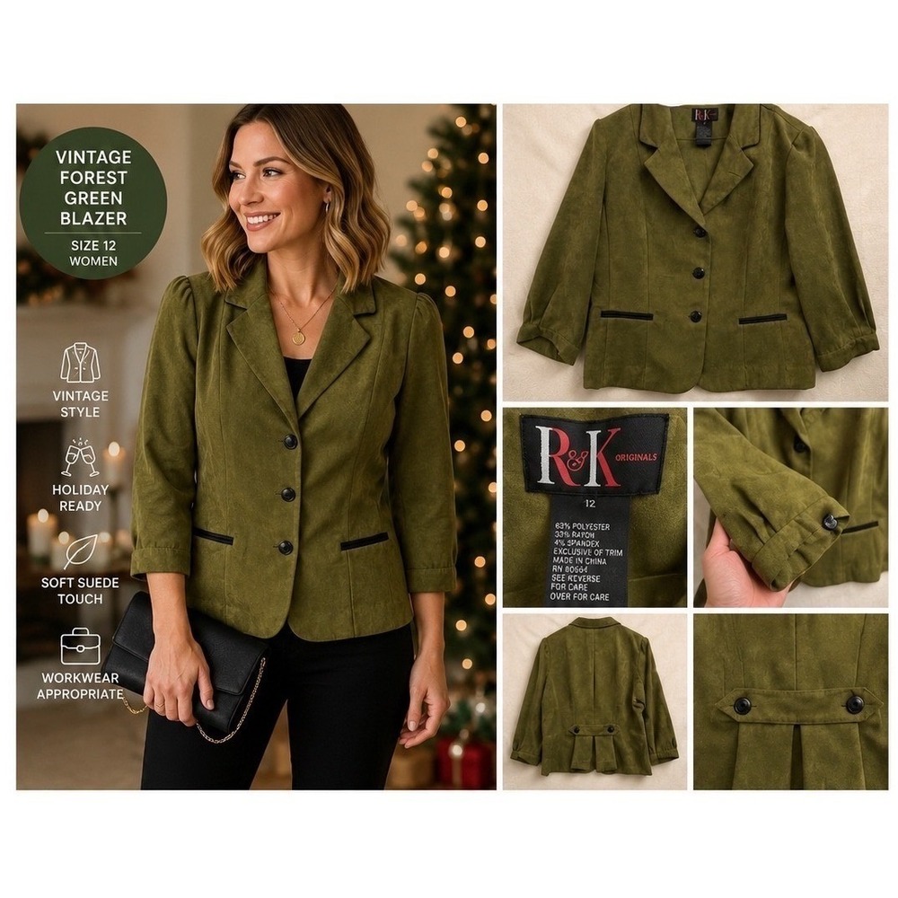 Vintage R&K Olive Forest Green Blazer Womens 12 Faux Suede Holiday Jacket